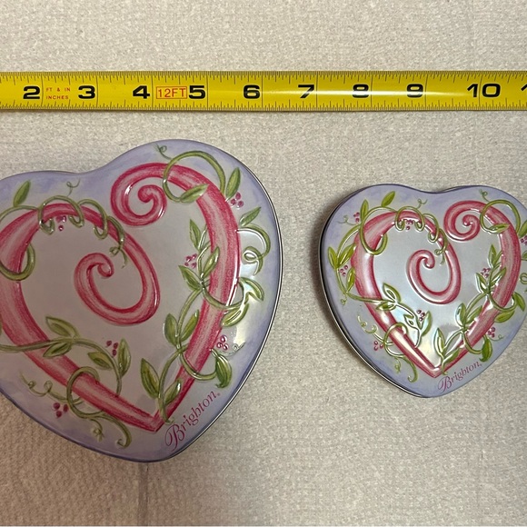Brighton Heart Tins(2), Large & Small; Pink heart w/green vine &blue background - Picture 1 of 9